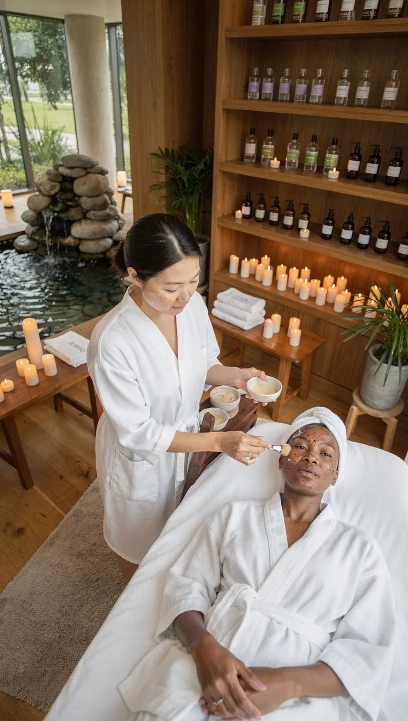 Тропический сад с медитационными зонами, наполненный зеленью и спокойствием для отдыха.