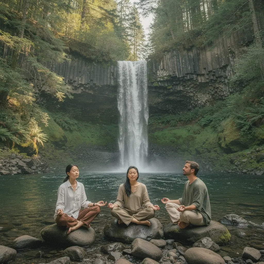 Чашка ароматного чая на фоне зеленого сада, символизирующего здоровье и благополучие.