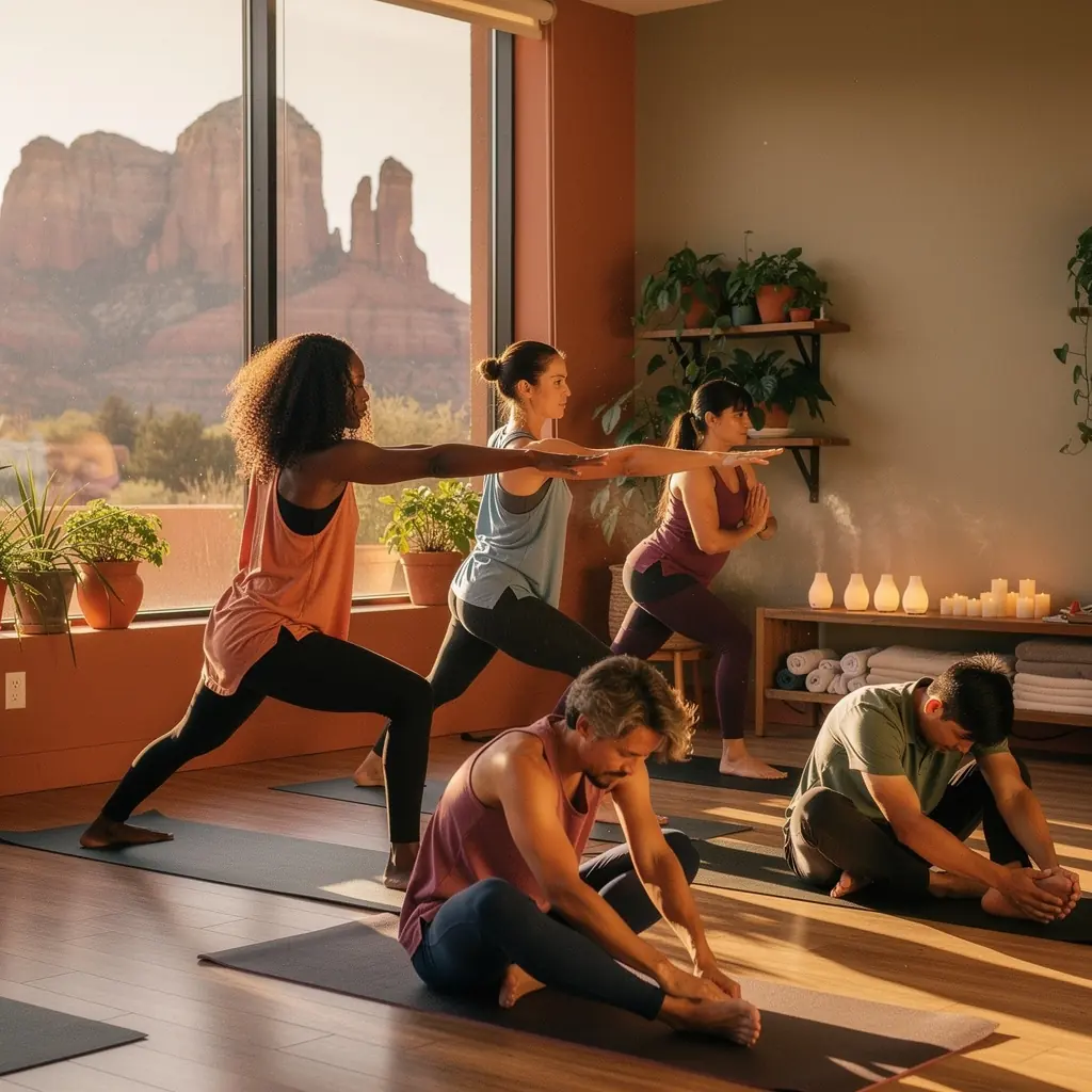 Панорамный вид на горы с медитирующим человеком на вершине скалы.