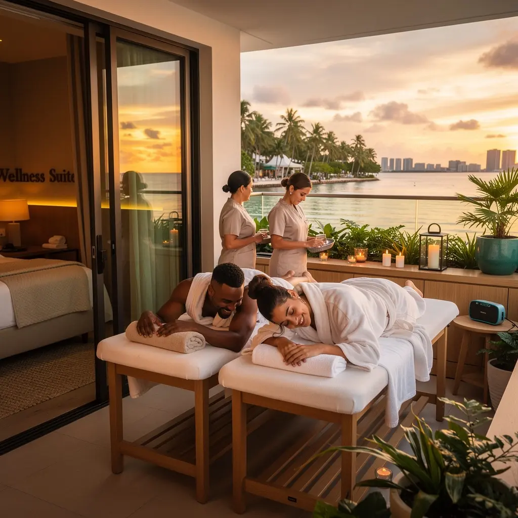 Спокойный спа-курорт с видом на горы и уютными шезлонгами для отдыха.