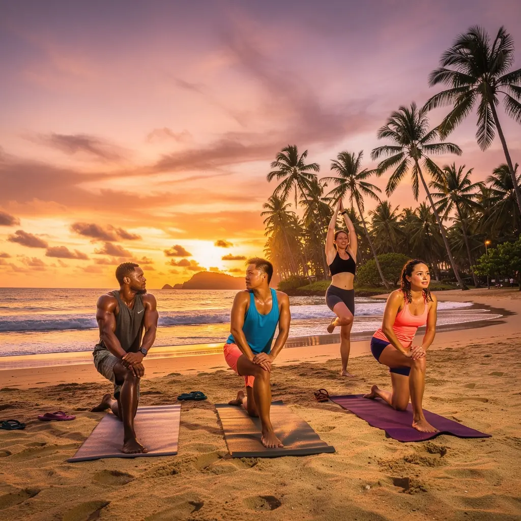 Группа людей занимается йогой на пляже во время заката, гармония с природой и собой.