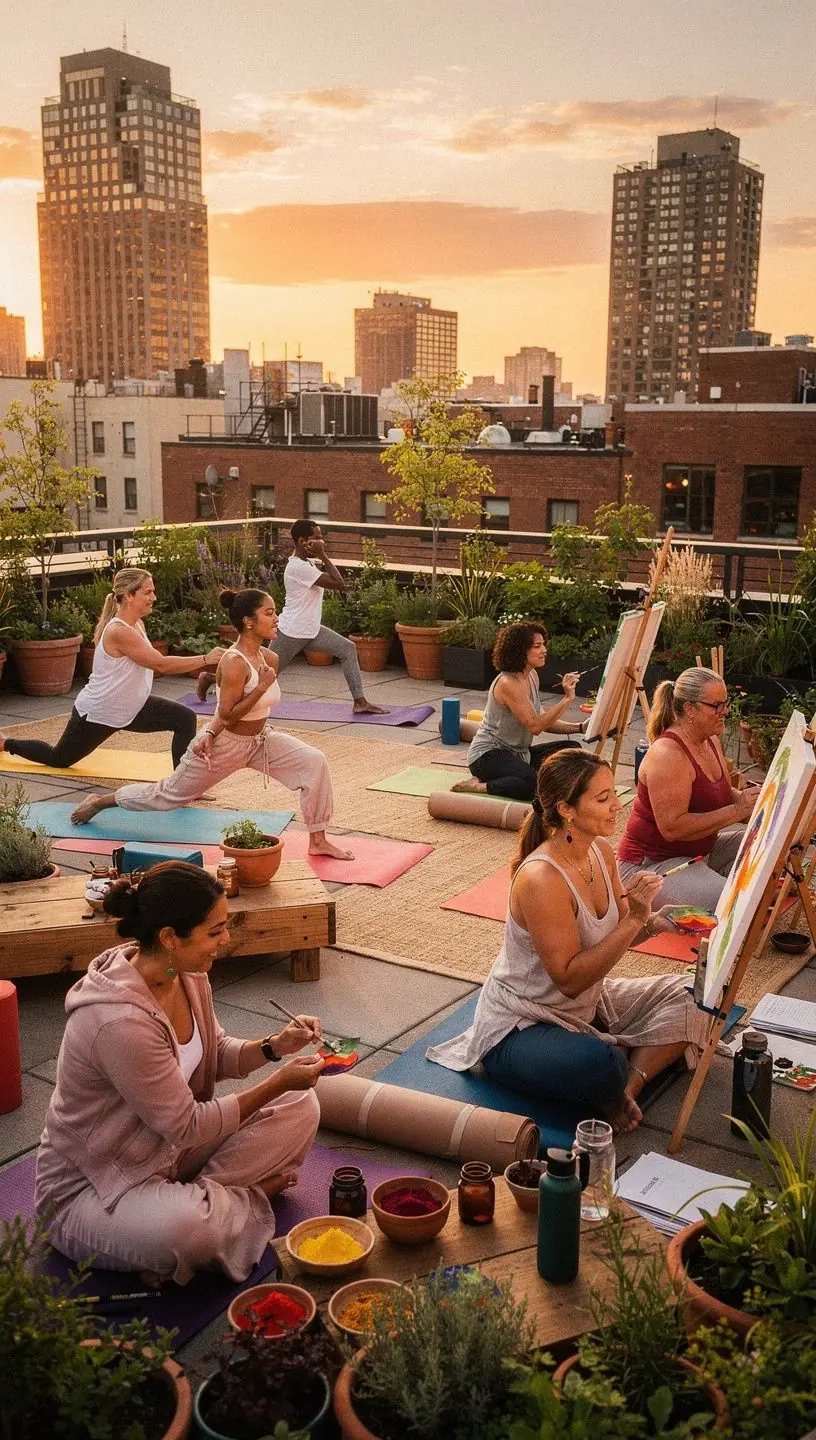 Группа людей, занимающихся йогой на пляже при закате, создающая атмосферу гармонии.