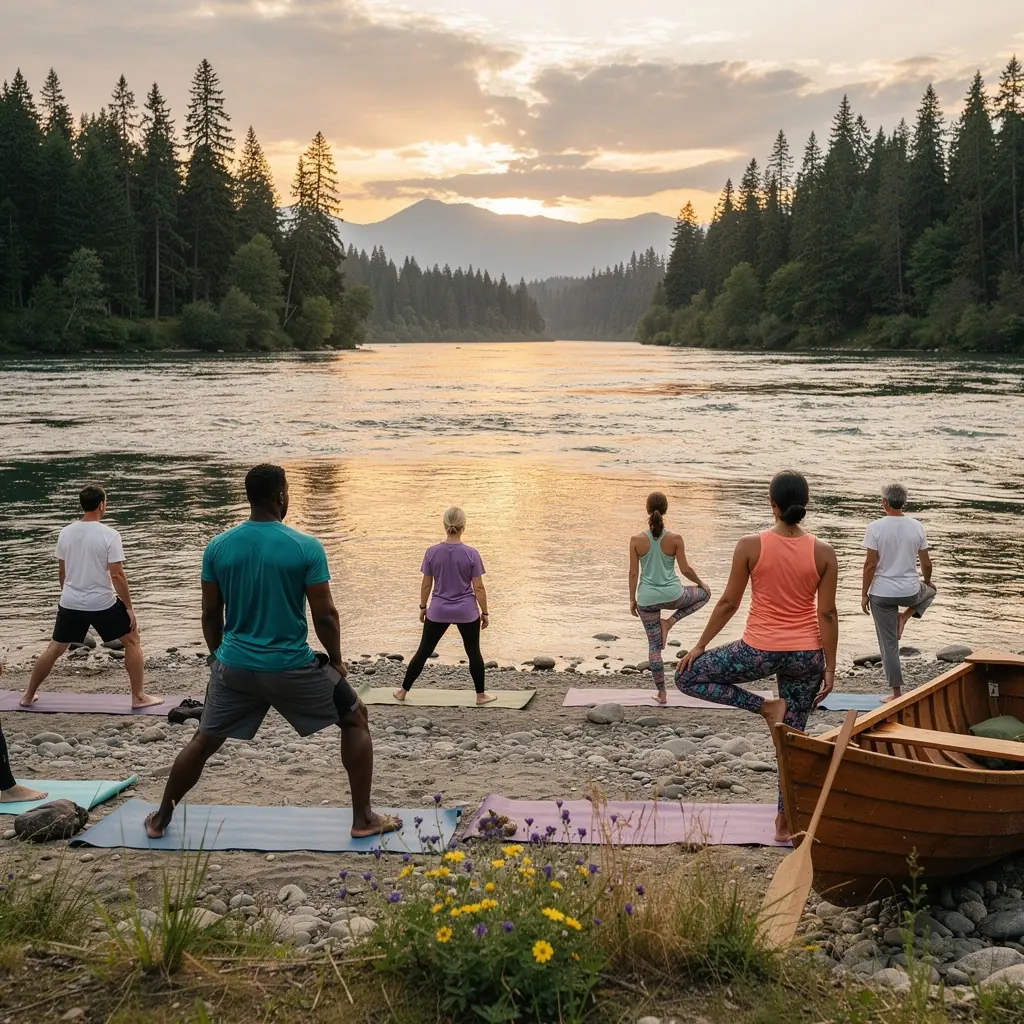 Группа людей занимается йогой на берегу океана на восходе солнца.