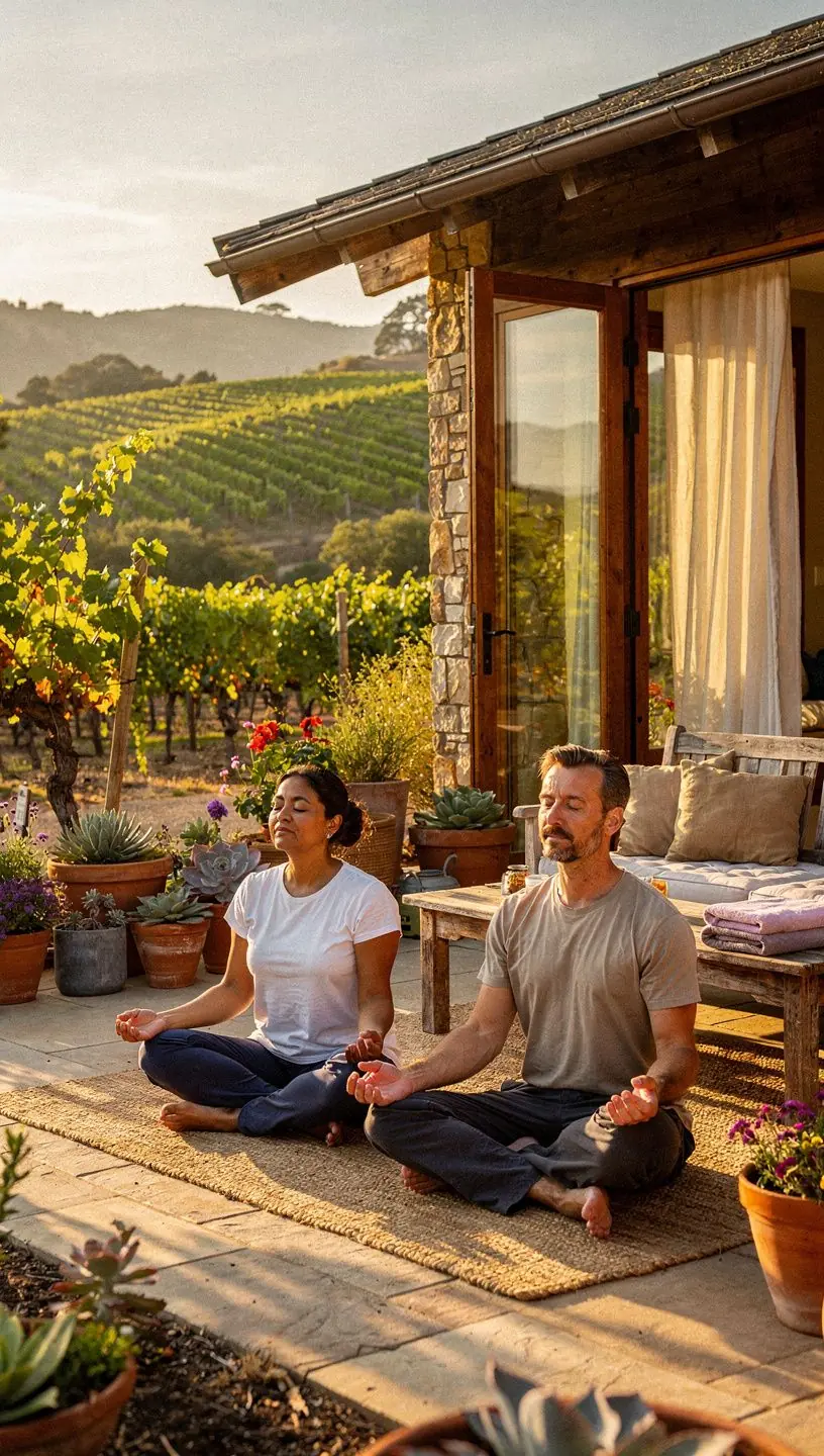 Групповая йога на пляже при восходе солнца, участники в позе лотоса.