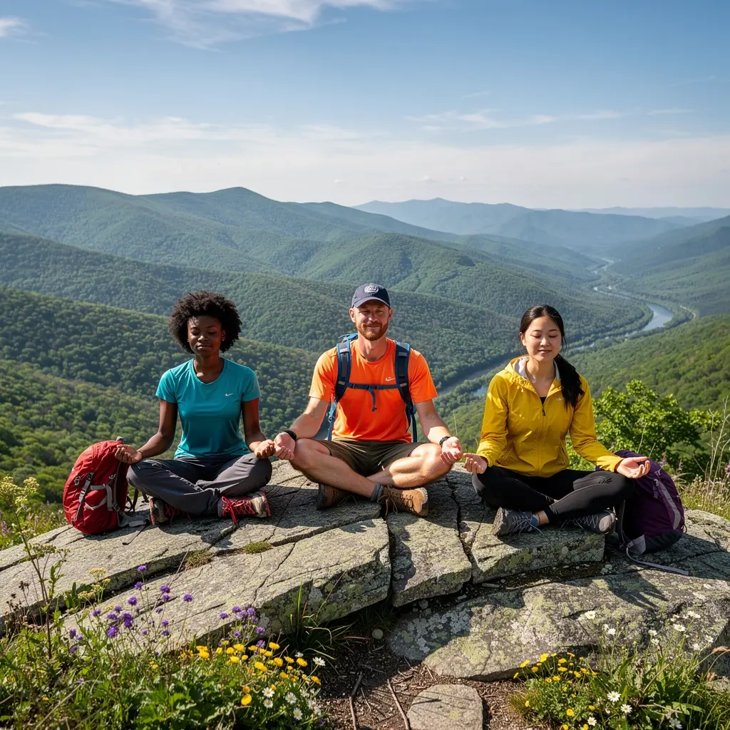 Сцена спокойной йоги на пляже с закатом на фоне.